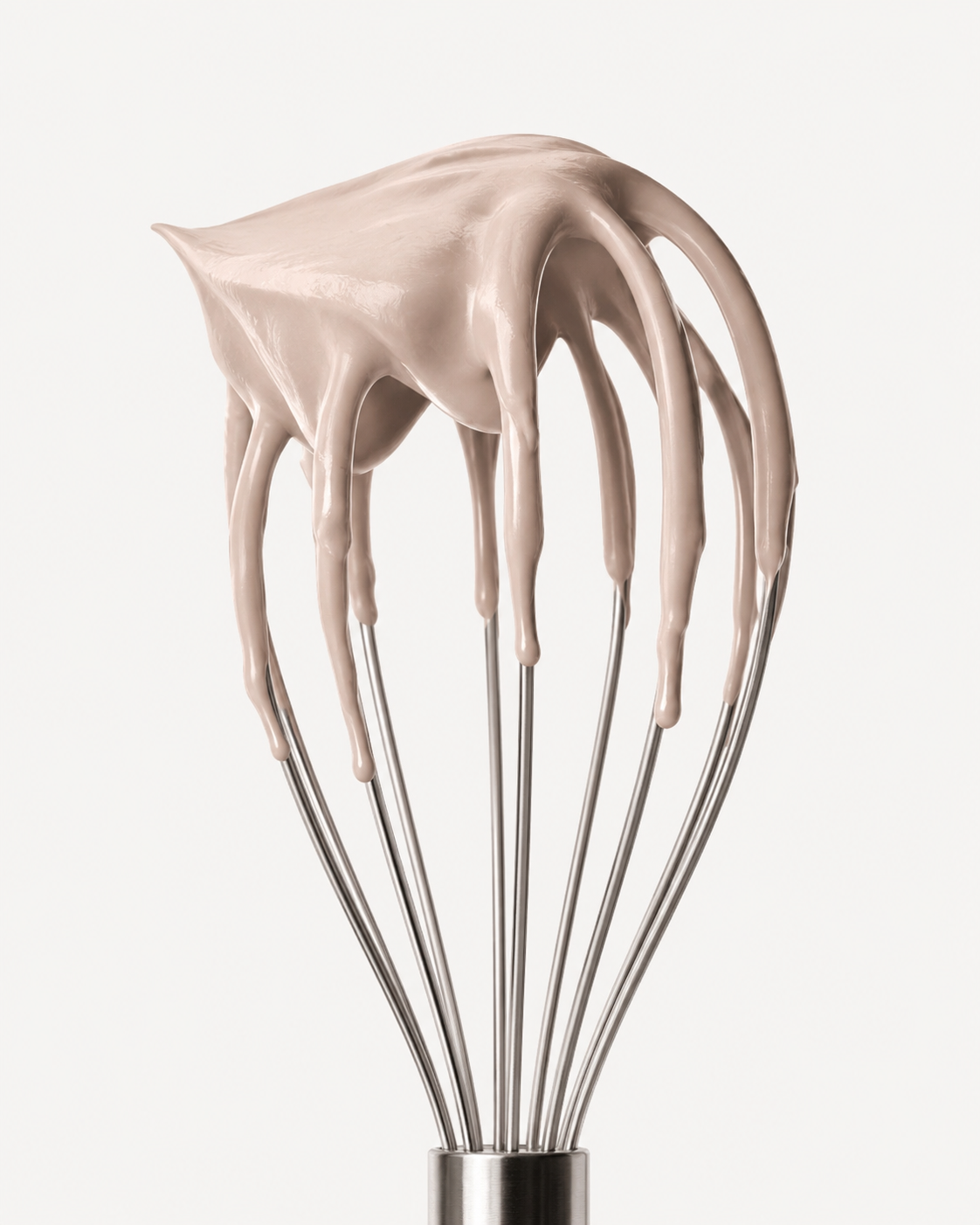 Whisk with beige frosting on a white background